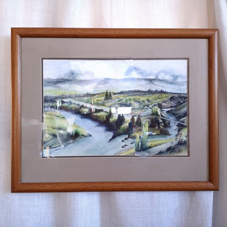 Watercolour Landscape Old Cromwell Bridge Signed BD White