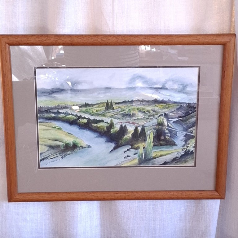 Watercolour Landscape Old Cromwell Bridge Signed BD White