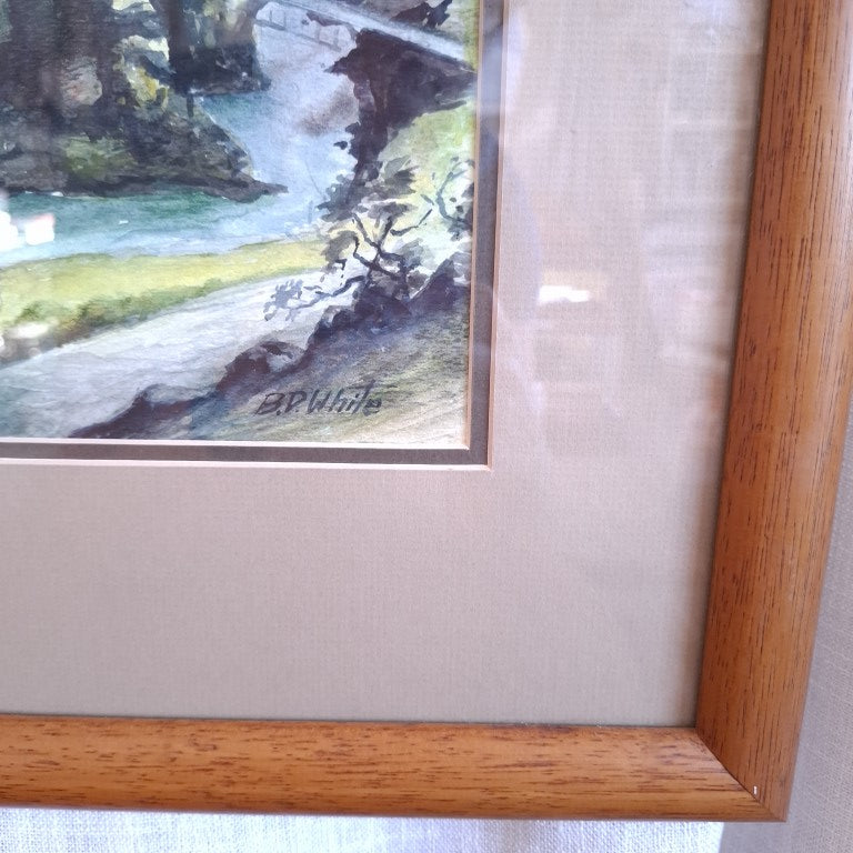 Watercolour Landscape Old Cromwell Bridge Signed BD White