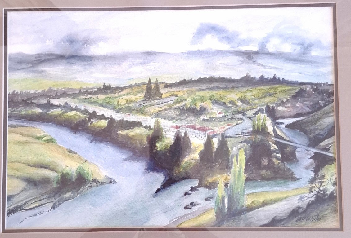 Watercolour Landscape Old Cromwell Bridge Signed BD White