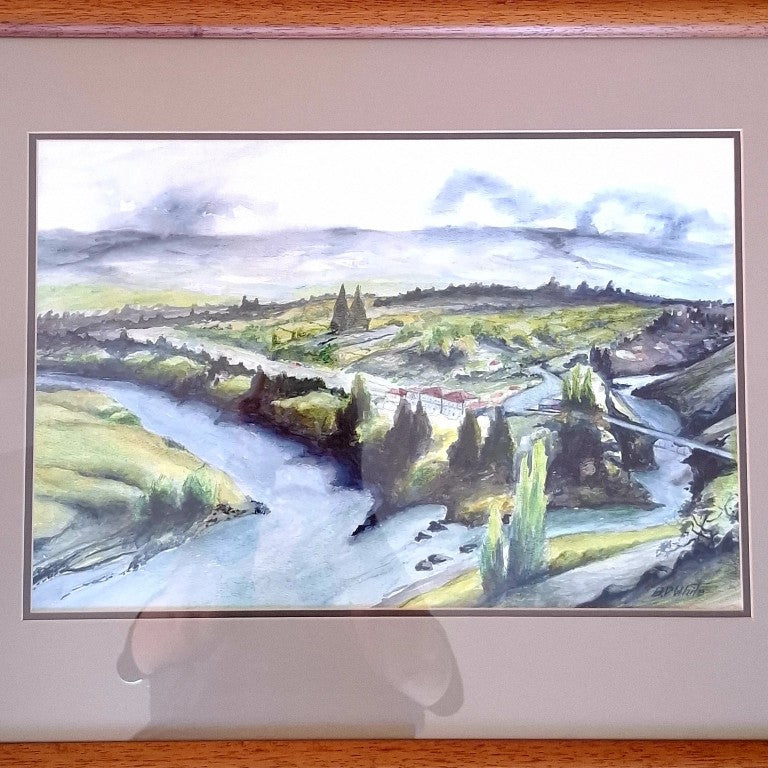 Watercolour Landscape Old Cromwell Bridge Signed BD White