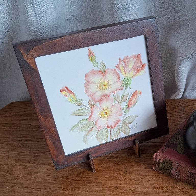 Framed Hand Painted Floral Tile Signed B Inwood 81