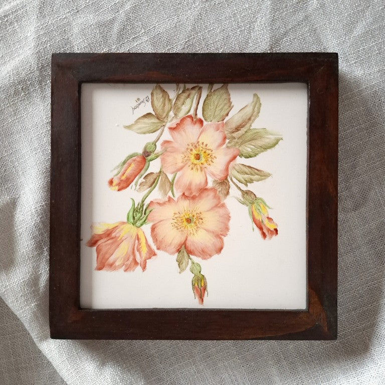Framed Hand Painted Floral Tile Signed B Inwood 81