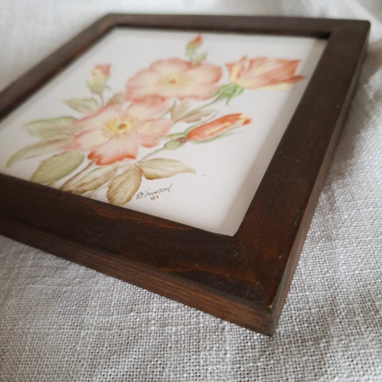 Framed Hand Painted Floral Tile Signed B Inwood 81