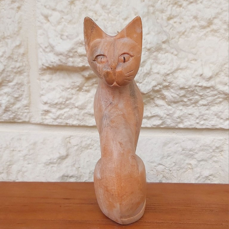 MCM Style Hand Carved Wood Cat Figurine