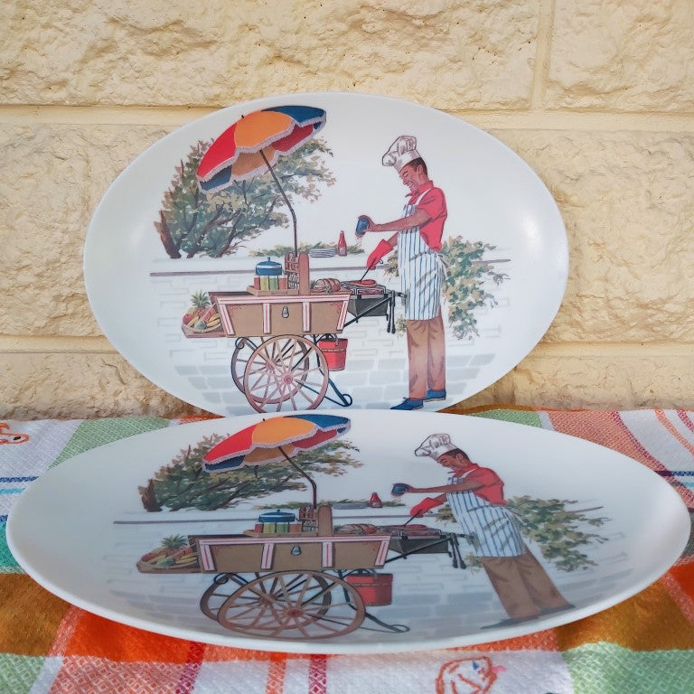 Pair of Vintage Oval BBQ Themed Ornamin Melamine Plates