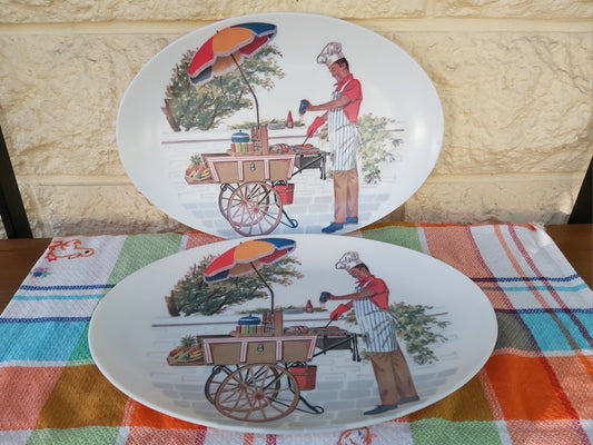 Pair of Vintage Oval BBQ Themed Ornamin Melamine Plates
