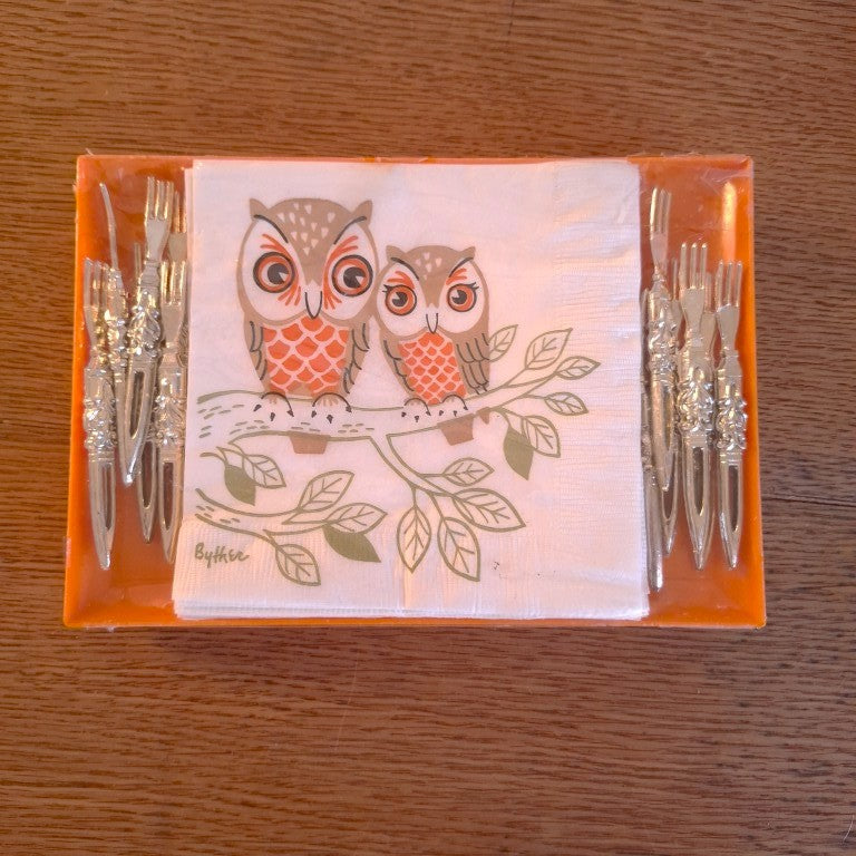 Rare MCM Owl Themed Cocktail Forks and Napkins Monogram of California