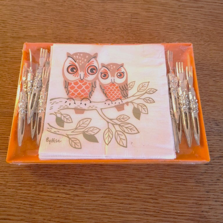 Rare MCM Owl Themed Cocktail Forks and Napkins Monogram of California