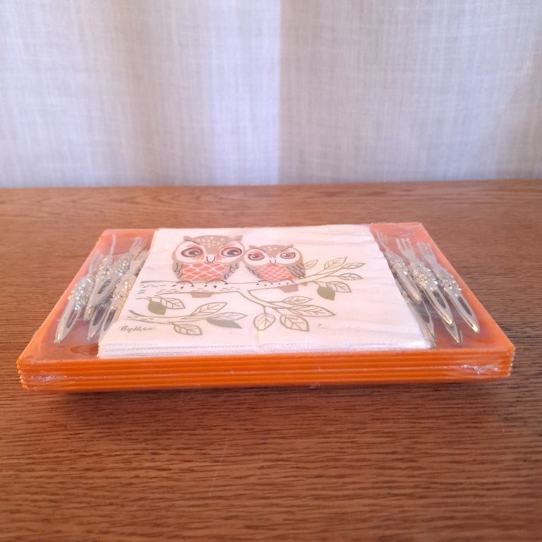 Rare MCM Owl Themed Cocktail Forks and Napkins Monogram of California