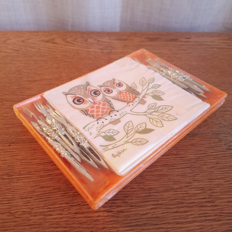 Rare MCM Owl Themed Cocktail Forks and Napkins Monogram of California